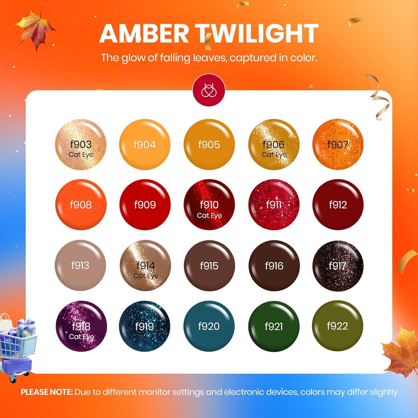 Beetles Fall Gel Nail Polish Colors Set - Amber Twilight 20 Colors 2025 Yellow Orange Red Cat Eye Brown Green Soak Off Uv Manicure Kit With Base Glossy Matte Top Coat Gift for Women