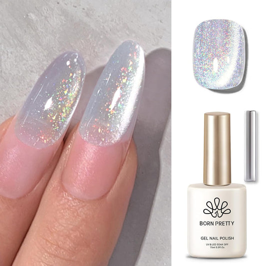 Born Pretty White Glitter Cat Magnetic Eye Gel Nail Polish, Holographic Glitter Iridescent Gel Nail Polish Soak Off Led Gel Nail Polish Nail Art Gel Manicure Salon DIY Gifts 15ML