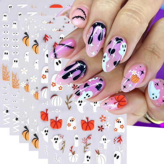 6 Sheets Halloween Nail Art Stickers 3D Self-Adhesive Cute Ghost Spider Spider Web Pumpkin Nail Stickers Black Spiders Pattern Nail Sticker for Day of The Dead Holiday Nails Decor Accessories