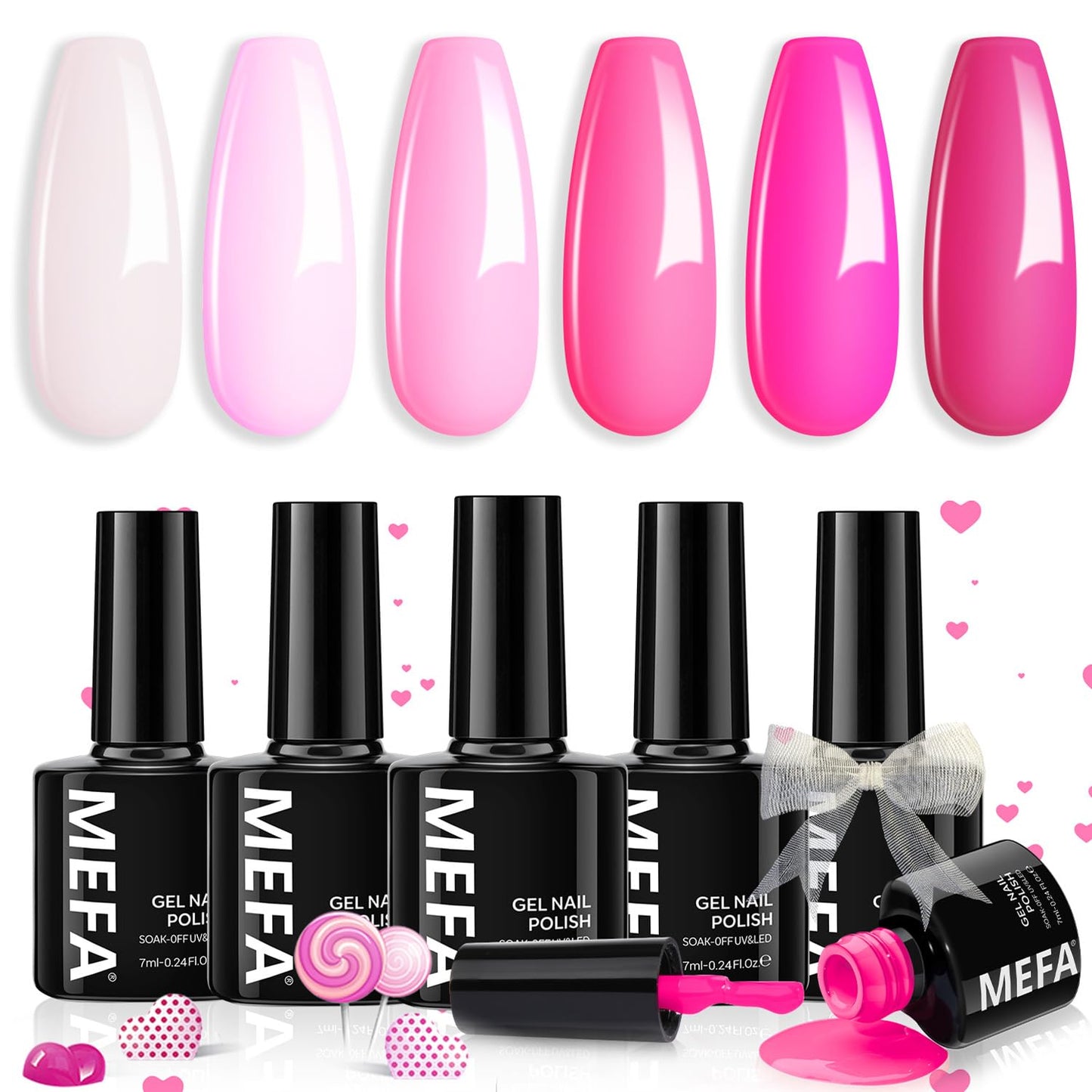 MEFA Pink Gel Nail Polish Set 6 Colors, Hot Pink Shades Spring Neon Light Bright Magenta Electric Tones Craze Nail Art Design at Home DIY Decorations Manicure Kit Gifts for Women