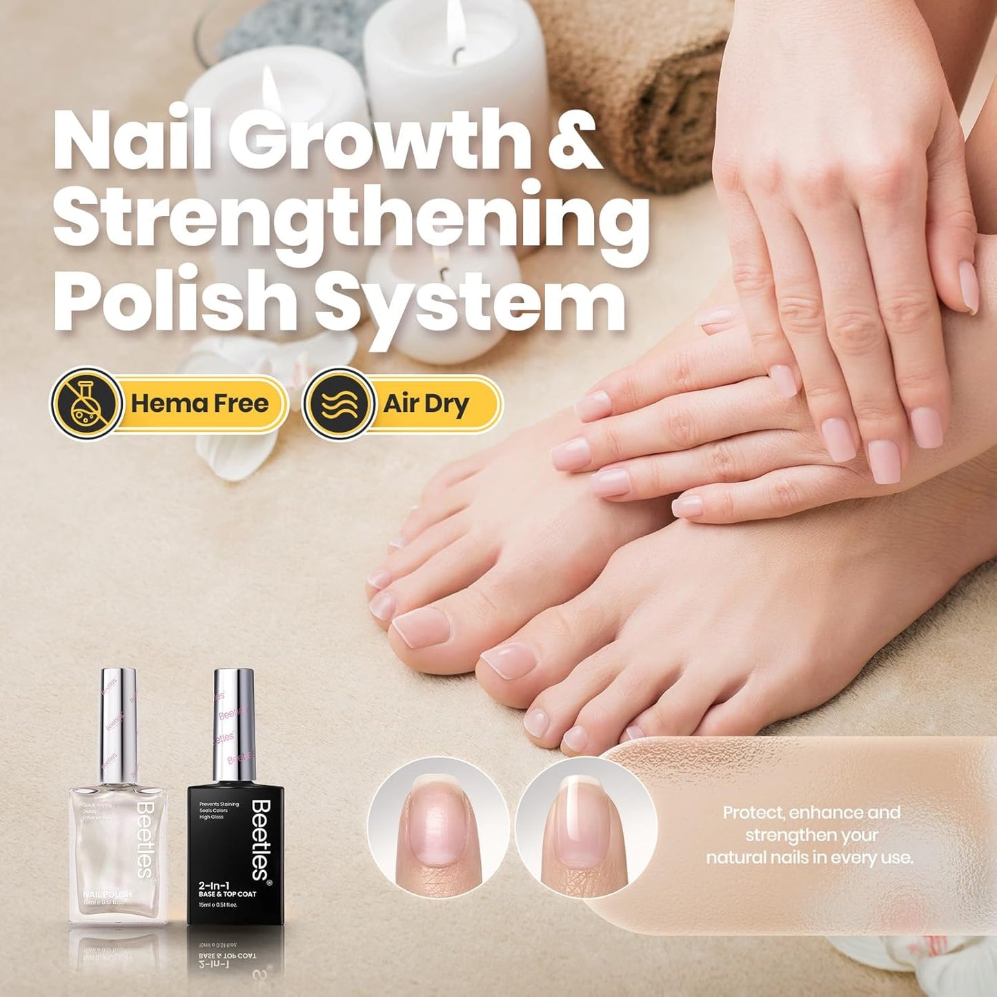 Beetles Pearl White Nail Polish and 2 in 1 Base & Top Coat Set, Fast Drying & Natural Nail Strengthen, Nail Lacquer Shimmer-Like Pearlescent Sheen, No UV Lamp Needed for DIY Nail Art Gifts for Women