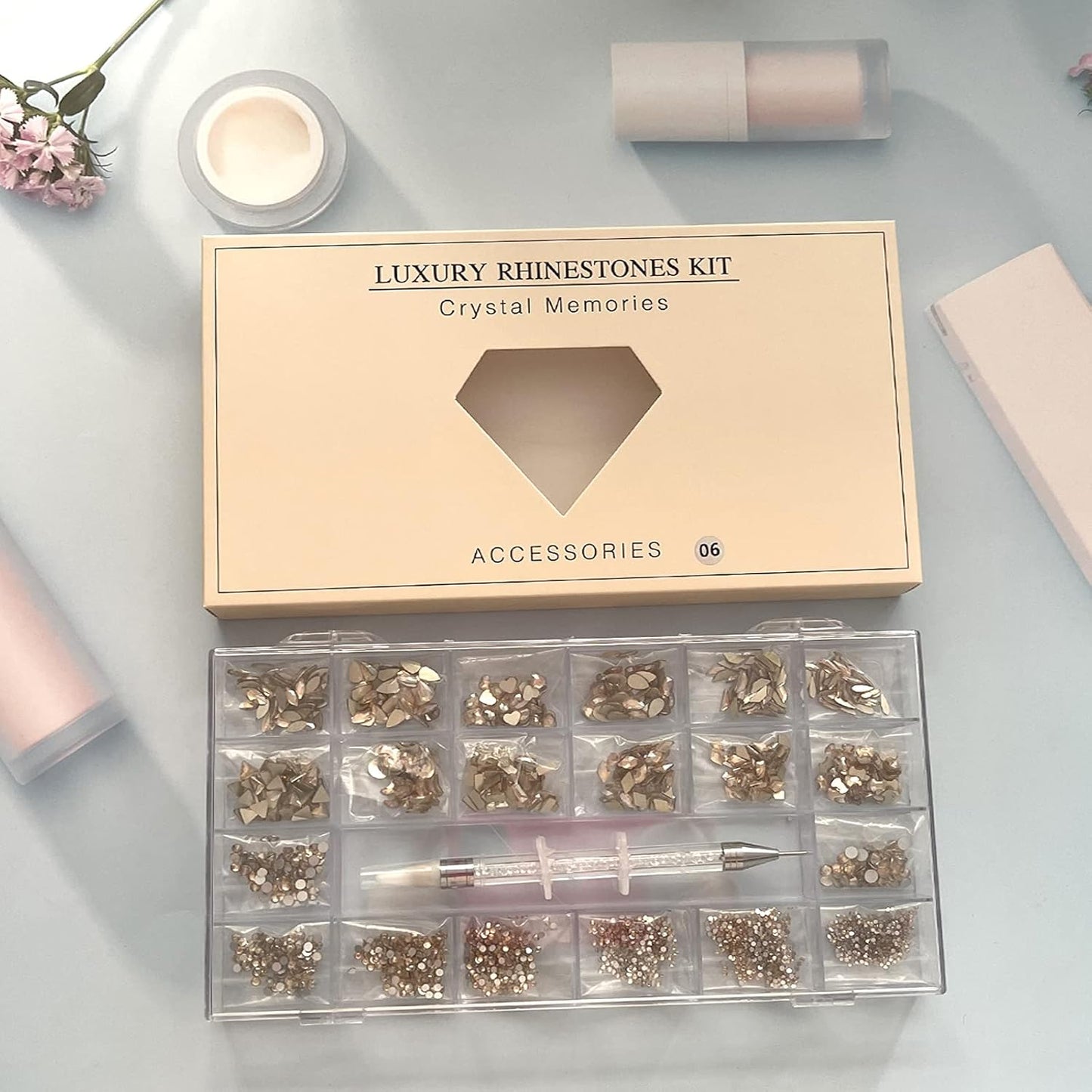 3100Pcs Flat Back Rhinestones for Nails, HOINCO Champagne Rhinestones for Nails, Mix 20 Styles Flatback Rhinestone/Gems, 600 Diamonds + 2500 Round Rhinestones Beads for Crafts with Tweezers Pen