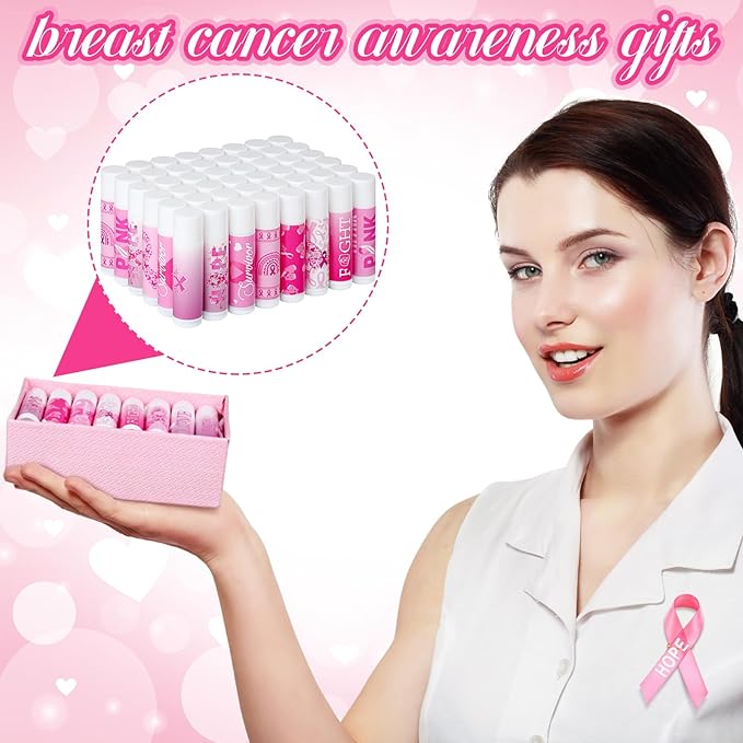 50 Pack Breast Cancer Awareness Favors Bulk Lip Balms Gifts Pink Ribbon Lip Balms Favors Breast Cancer Awareness Month Accessories Support Party Items Decorations for Women Men Survivors