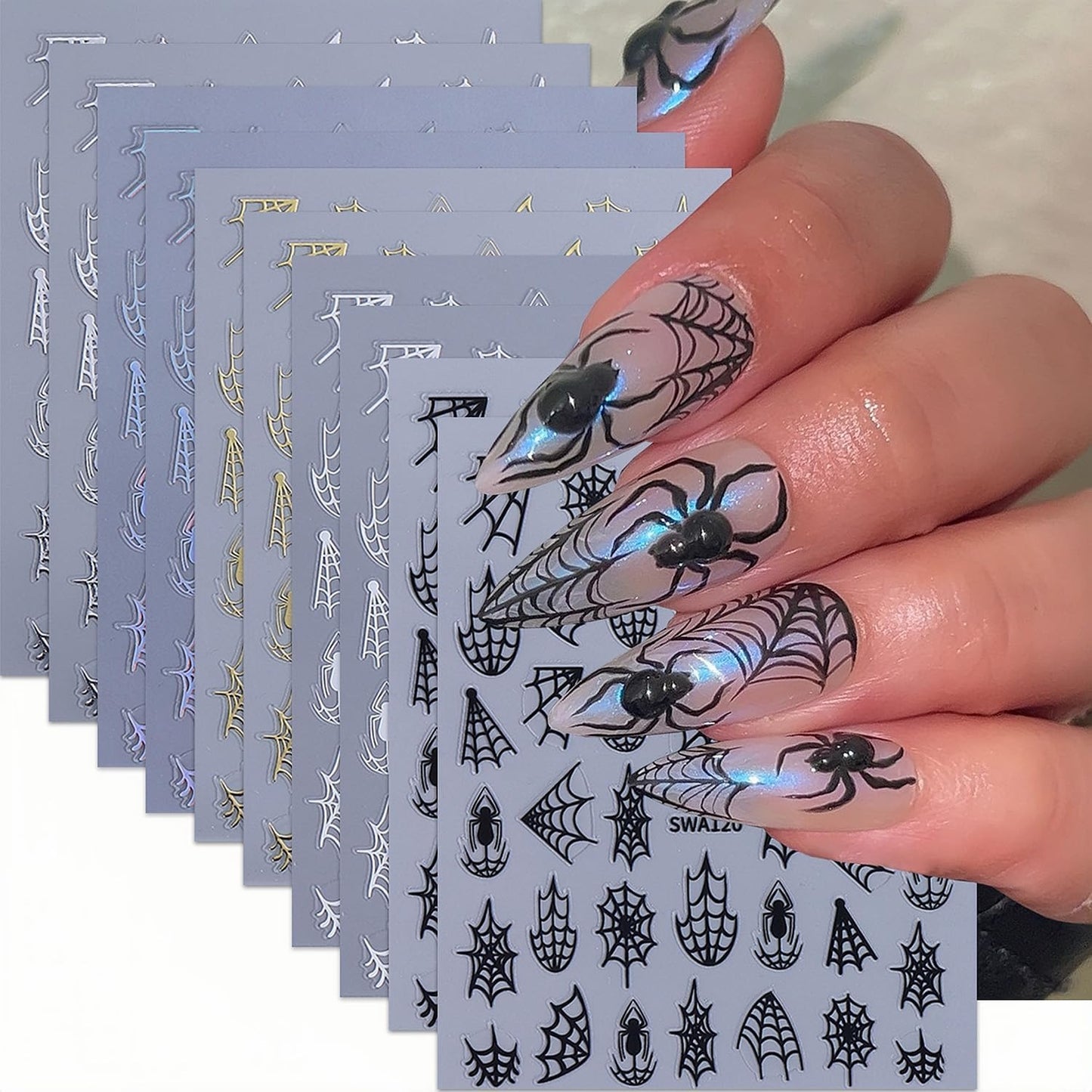 10 Sheets Spider Nail Art Stickers Halloween Nail Decals 3D Self-Adhesive Laser Black White Gold Silver Spiders and Spider Web Nail Sticker Design DIY Holiday Party Nails Supplies for Salon Manicure