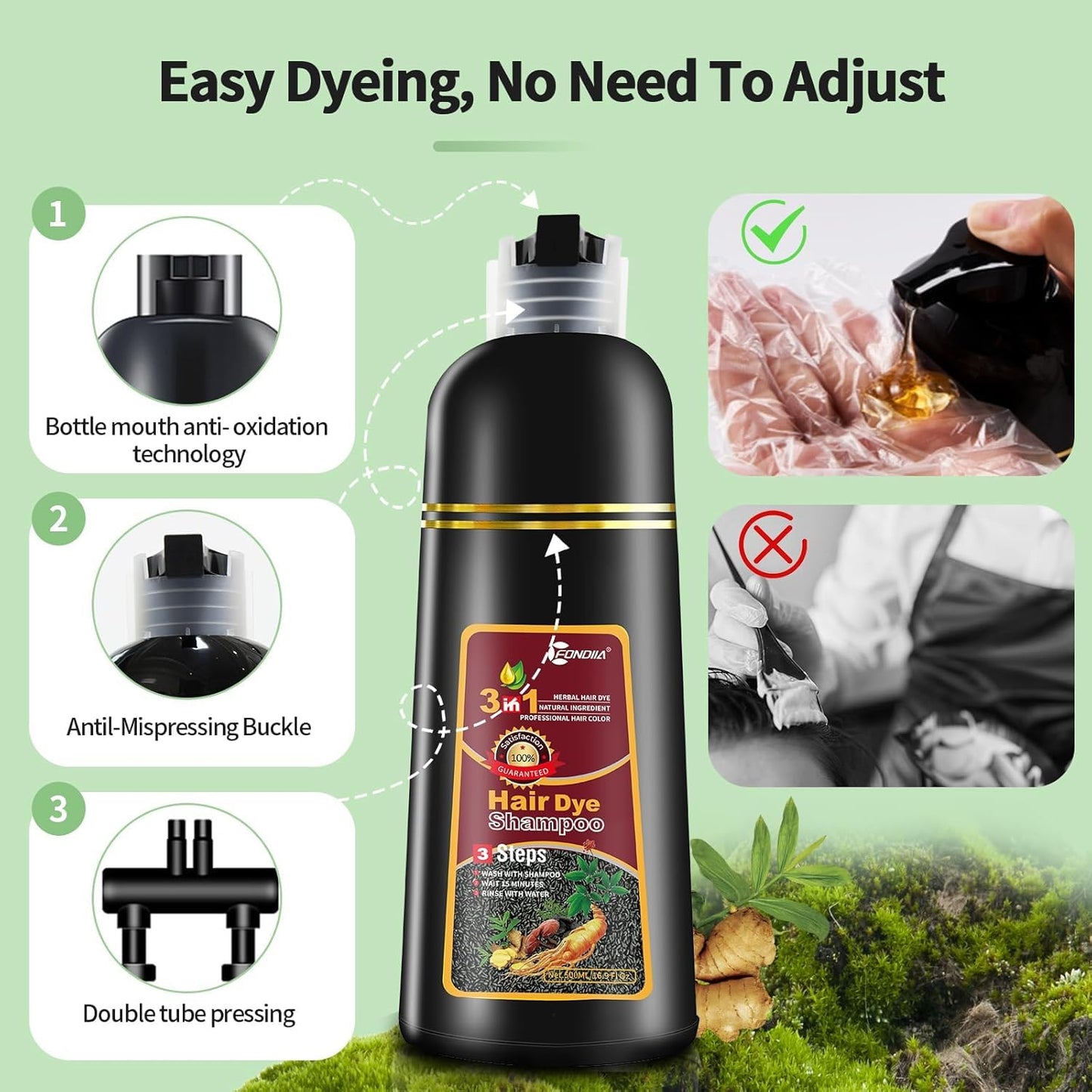 2 Pack Black Hair Dye Shampoo, Leorx 3 In 1 Black Color Shampoo Dye For Gray Hair Instant Herbal Coloring For Women & Men - Tintes Para El Cabello