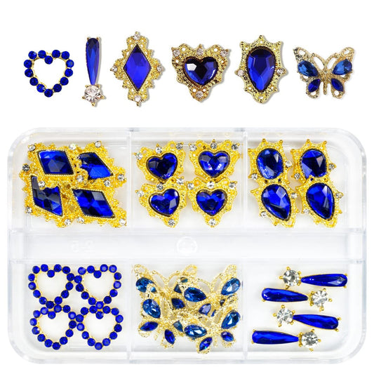 24pcs Blue Nail Rhinestones Luxury Nail Charms Sapphire Heart Charms for Nails 3D Big Royal Blue Nail Gems Crystals Diamonds Jewelry Stones Alloy Nail Art Studs Nail Art Decor for Arylic Nails Crafts