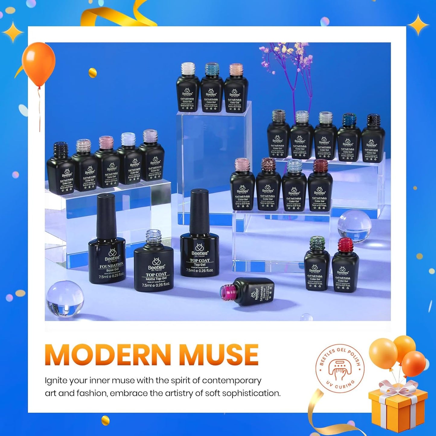 beetles Gel Polish Kit, Nude Gray Pink Blue Burgundy Glitter Gel Polish Set Modern Muse Collection with 3Pcs Base Matte Glossy Top Coat Soak off Uv Gel for Women