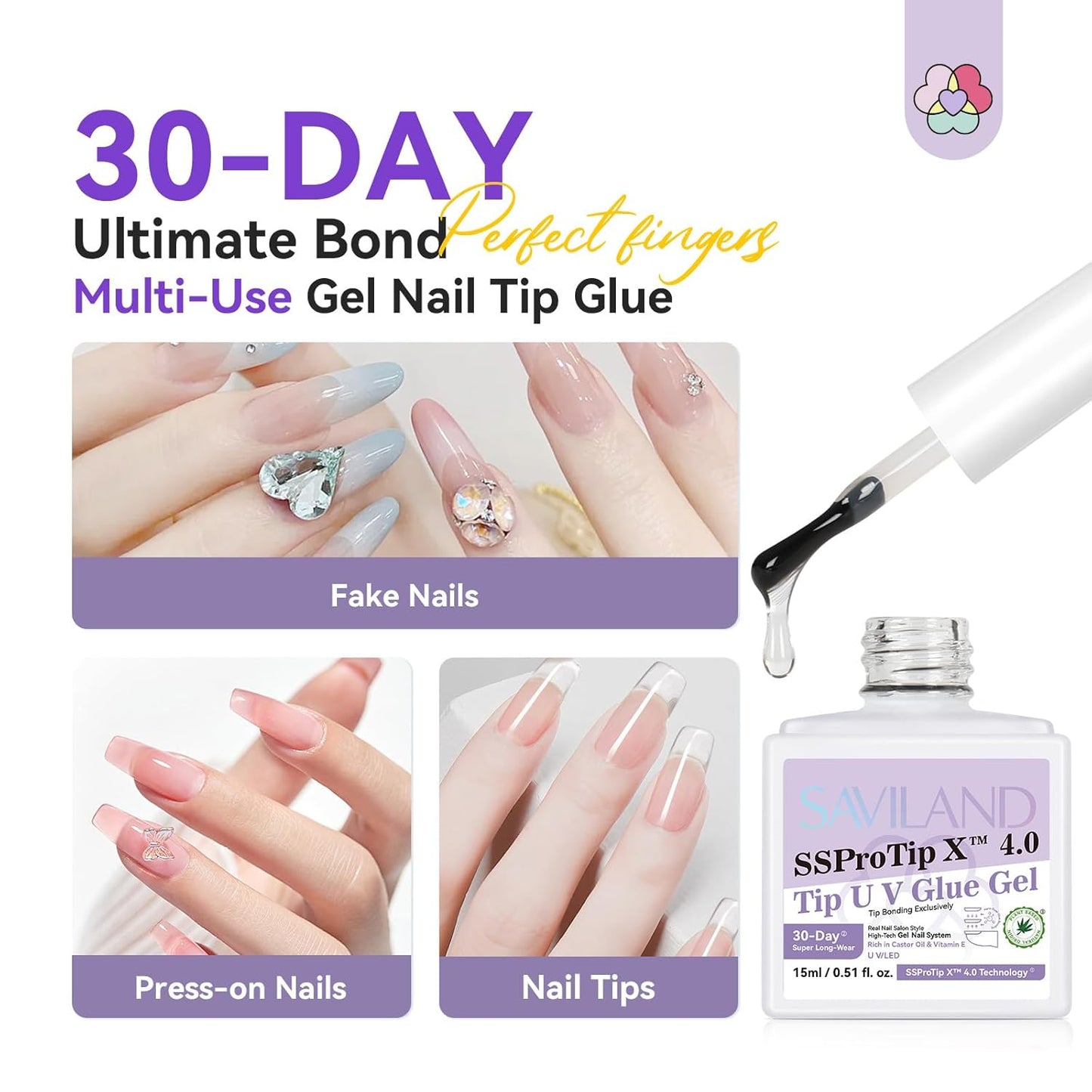 SAVILAND Gel Nail Glue & Nail Primer Set: 30-Day Long Lasting Extra Strong Nail Glue Gel with Nail Primer Rich in Castor Oil Vitamin E for Gel Glues for Nails False U V Lamp Required SSProTip X 4.0