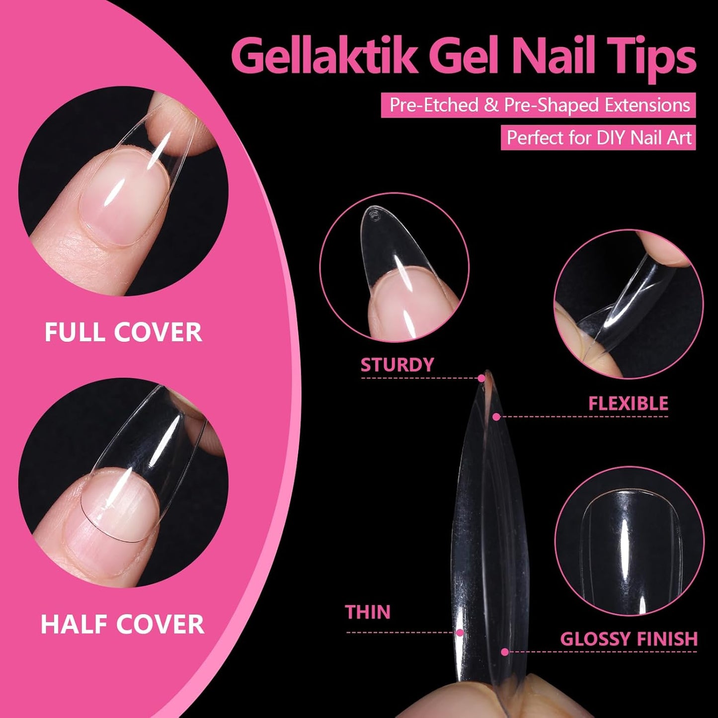 Medium Almond Nail Tips 500PCS, Clear Acrylic Full Cover Gel Press on Nail Tips for DIY, 10 Sizes Pre-Shaped False Nails with Glossy Finish, Professional Manicure Kit & Easy Application