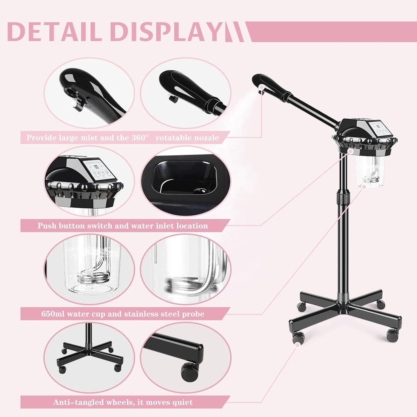 Professional Facial Steamer, Facial Steamer on Wheels with More Steam, Adjustable Height and Angle, Face Steamer for Deep Cleansing and Hydration, Estheticians Steamer for Beauty, Spa and Home Use
