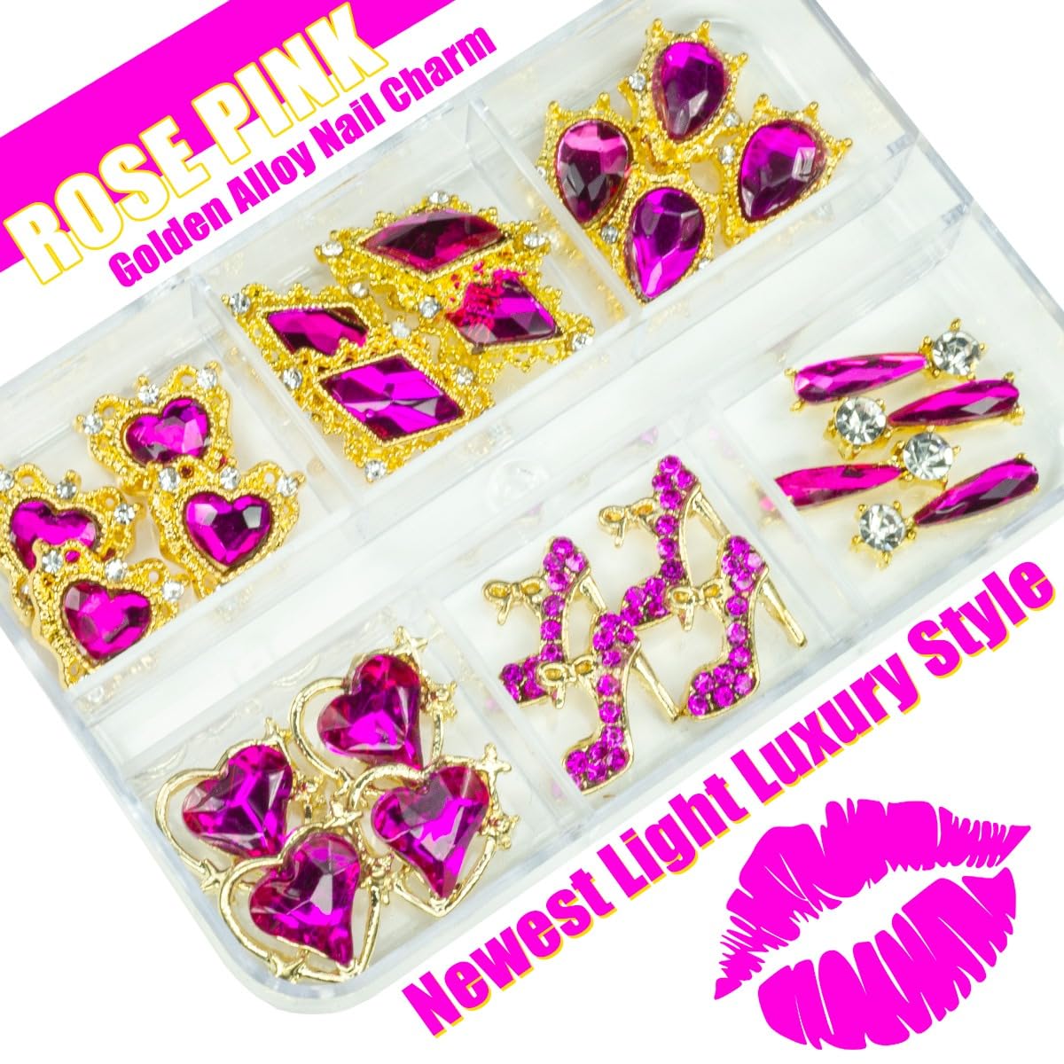 24pcs Rose Pink Nail Rhinestones Luxury Nail Charms Rose Red Heart Charms for Nails 3D Big Nail Gems K9 Glass Crystals Diamonds Jewelry Stones Alloy Nail Art Studs Decor for Arylic Nails Crafts