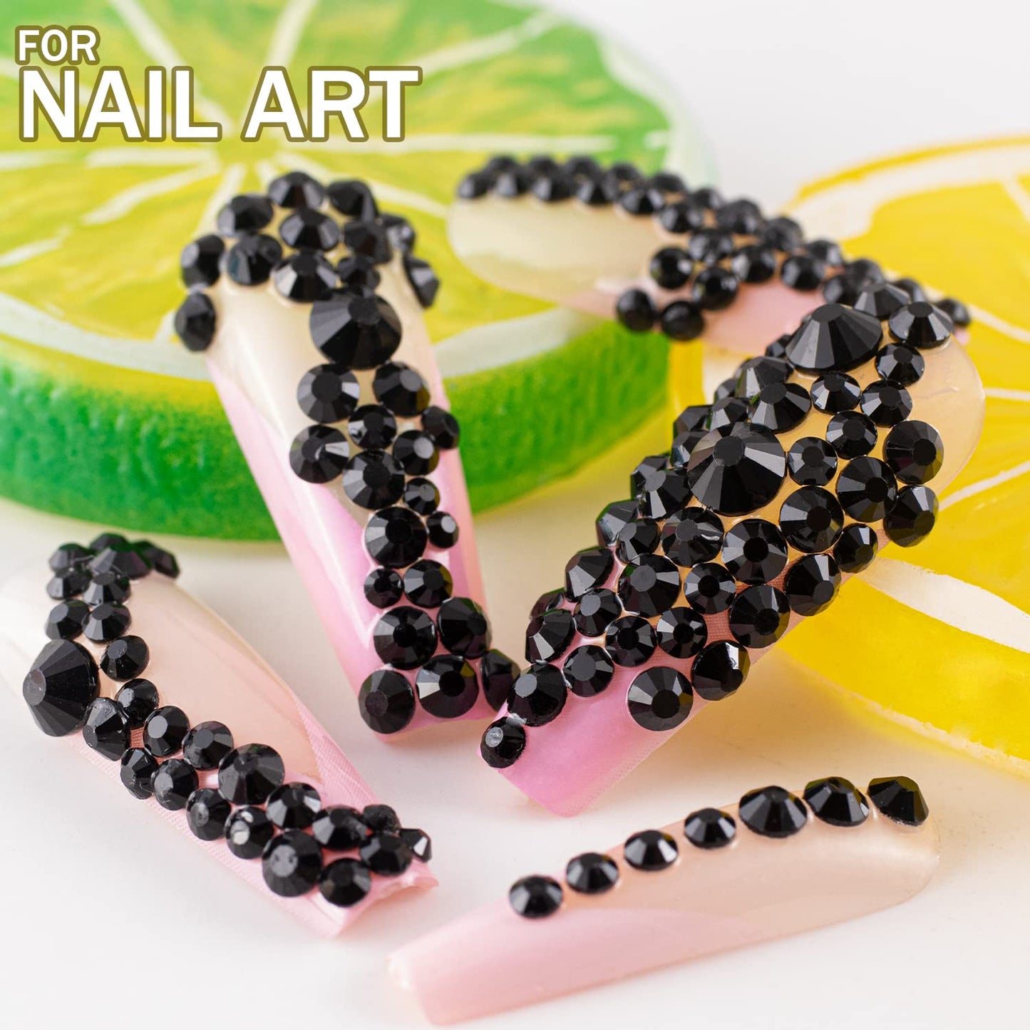 One Pack 2000 Pcs of Flatback Round Black Rhinestones 6 Sizes (1.5-6 mm) with Nail Art Rhinestone Picker Pencil and Tweezers for DIY and Salon Use