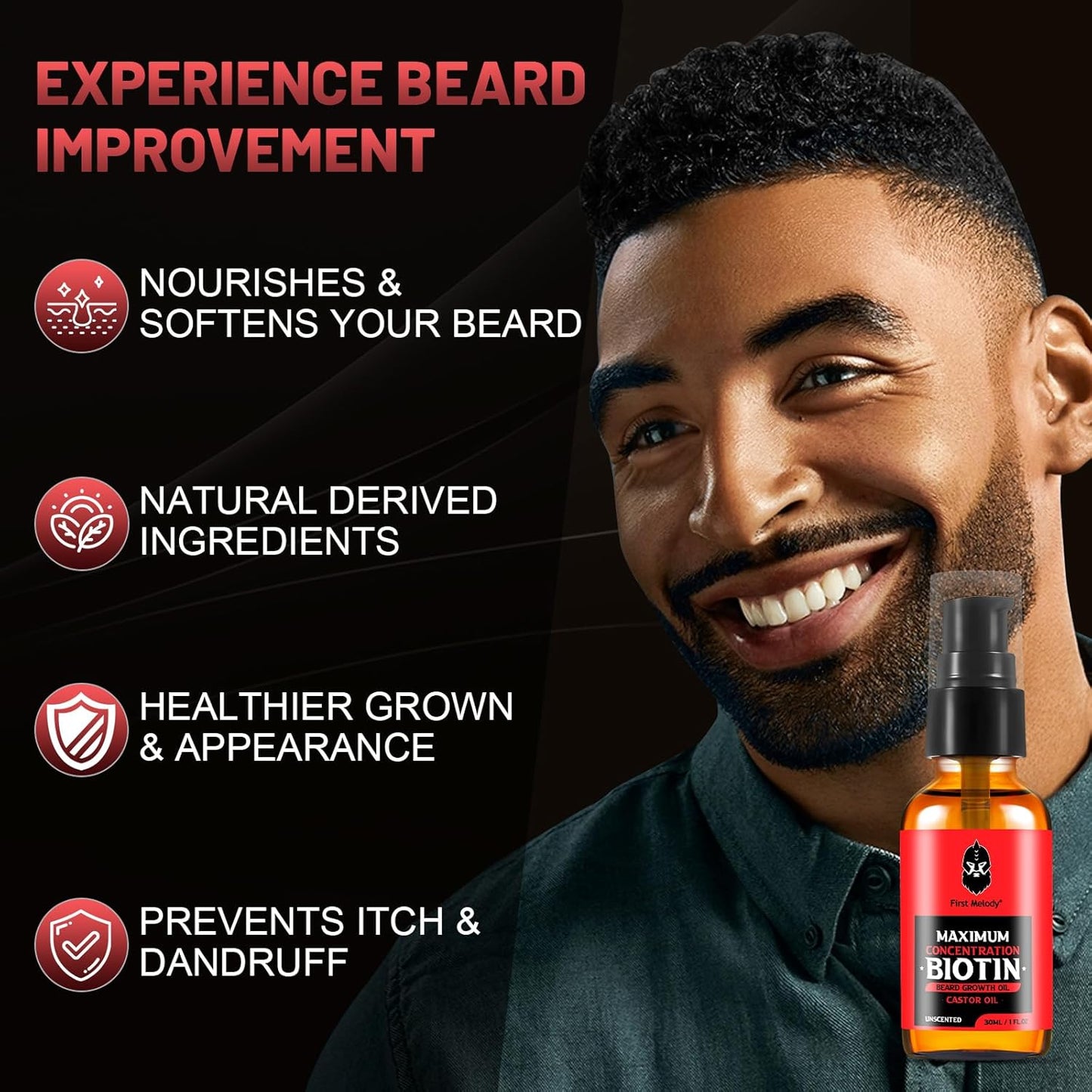 Beard Oil,Maximun Thickening Biotin, with Castor Oil and Argan & Jojoba Oils, Promotes Beard Growth, Styles, Strengthens & Softens Beards & Mustaches,1 Ounce*2（2 Pack）