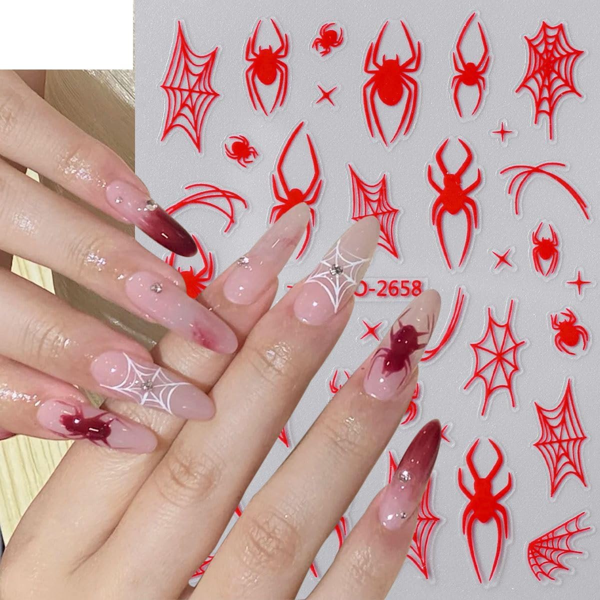 Spider Web Nail Stickers 3D Self Adhesive Nail Decals Halloween Nail Art Stickers Black Red Spider Star Design Cute Nail Sticker for Nail Art DIY Holiday Salon Manicure Accessories for Women 8Sheets