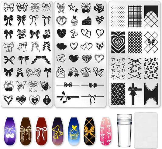 3Pcs Bow Nail Stamping Plate Set Girly Elements Romantic Heart Shape Stainless Steel Nail Stamp Templates Clear Silicone Nails Stamping with Stamper Scraper for Manicure Printing
