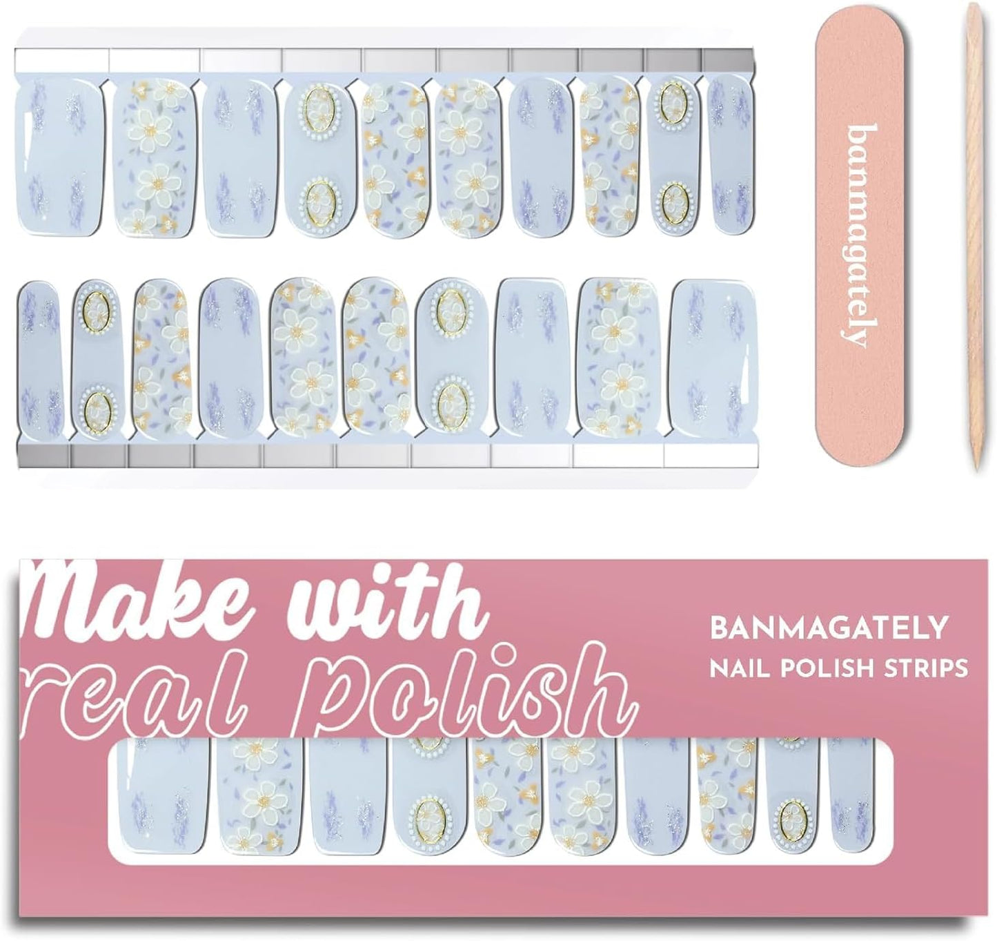 Nail Polish Strips, 20Pcs Salon Quality Gel Nail Stickers, Easy Long Lasting Wraps for Short Nails no UV Light Needed (Rainy Sky)