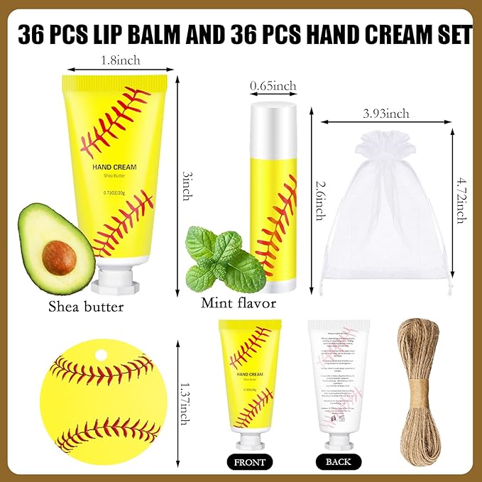 144 Pcs Softball Lip Balm Hand Cream Set Softball Accessories Softball Party Favors Including 36 Softball Lip Balm 36 Moisturizing Hand Cream 36 Bags 36 Softball Cards and Ropes for Kids Gifts