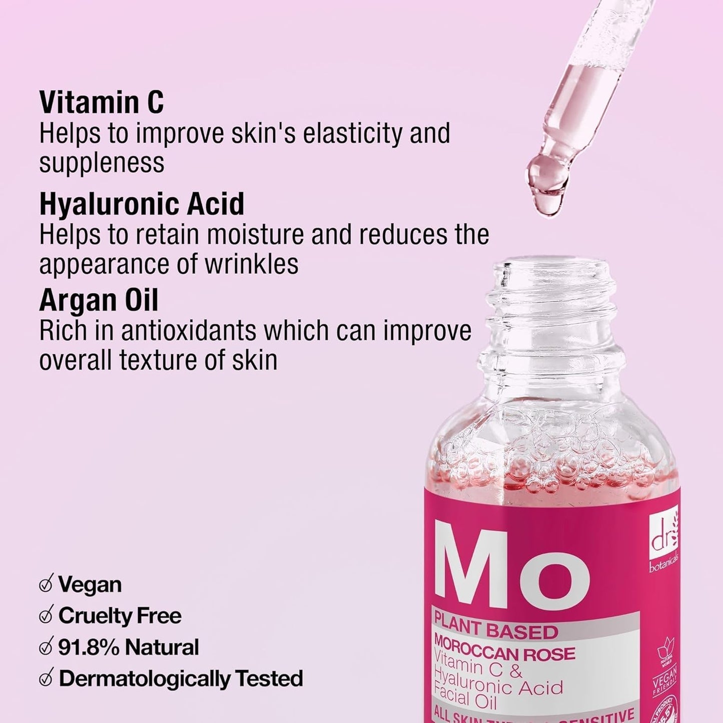 Dr Botanicals Moroccan Rose Oil -With Vitamin C & Hyaluronic Acid – Anti-Ageing, Brightening & Hydrating Water-Based Serum - Glow-Boosting Facial Oil for Radiant Skin – Made in UK – 30ml