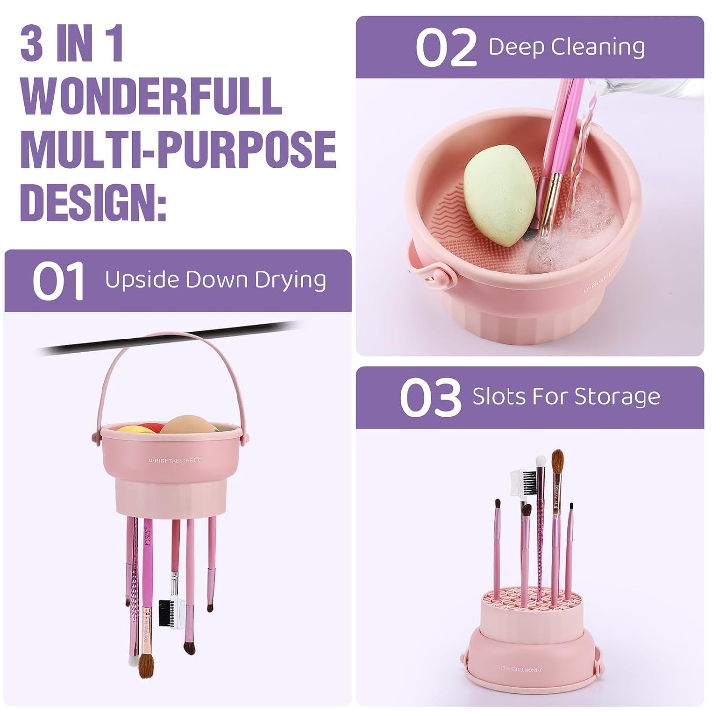2 Pack Makeup Brush Cleaner Mat 3 in 1 Silicone Makeup Brush Cleaner Makeup Brush Cleaning Bowl Makeup Brush Sponge Scrubber Tool for Cleaning, Storage And Upside Down Drying（Two Pink)