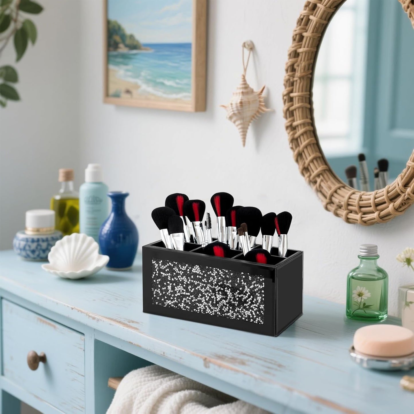 SHYFOY Black Makeup Brush Holder Organizer, 6 Slots Glass Makeup Cosmetics Organizers and Storage for Vanity Countertop