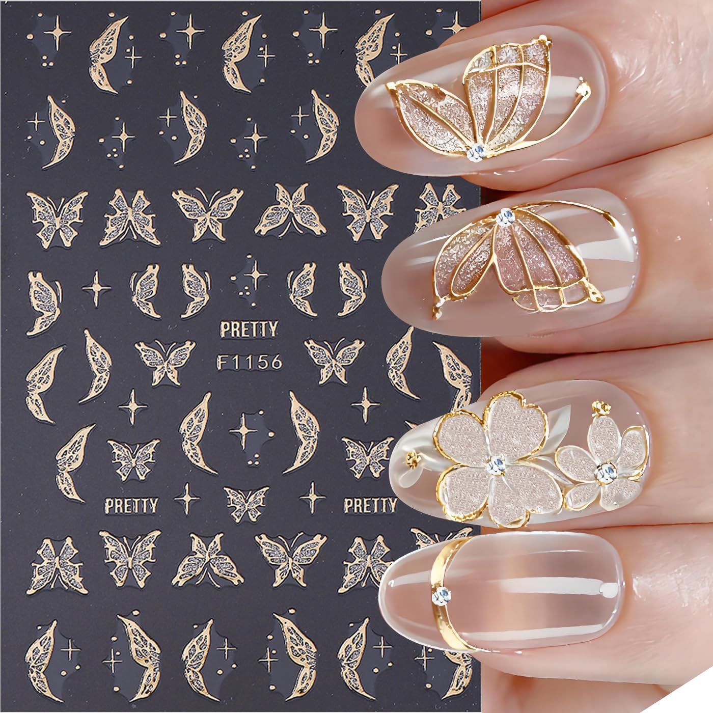 Fall Maple Leaves Nail Art Stickers for Thanksgiving, Gold Maple Leaves Nail Decals 3D Self-Adhesive with Flowers Butterfly Design 6Pcs French Tip Glitter Nail Art Supplies for Women Nail Decoration