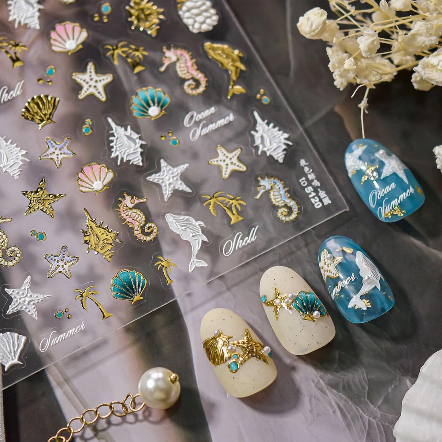 1Pcs Summer Nail Stickers for Nail Art 5D Embossed Pineapple Conch Dolphin Shell Nail Art Sticker Golden Seahorse Nail Decals Coconut Tree Starfish Nails Stickers Ocean Beach Nails Design for Women