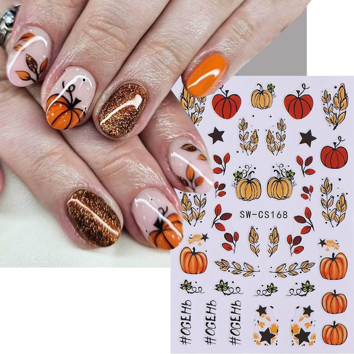 Pumpkin Nail Stickers Fall Nail Decals 3D Self Adhesive Nail Art Stickers Orange Flower Fallen Leaves Sunflower Star Design Thanksgiving Sticker for Nails Decor Manicure Supplies for Women 8 Sheet