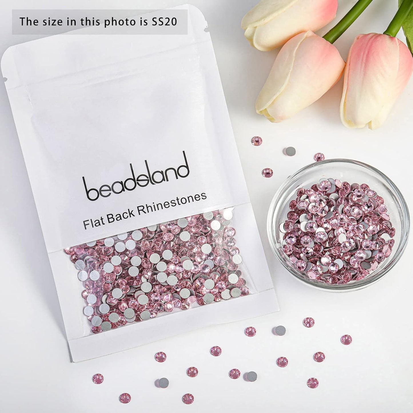 beadsland Flat Back Crystal Rhinestones Round Gems, Light Pink (4.6-4.8mm) SS20/1440pcs