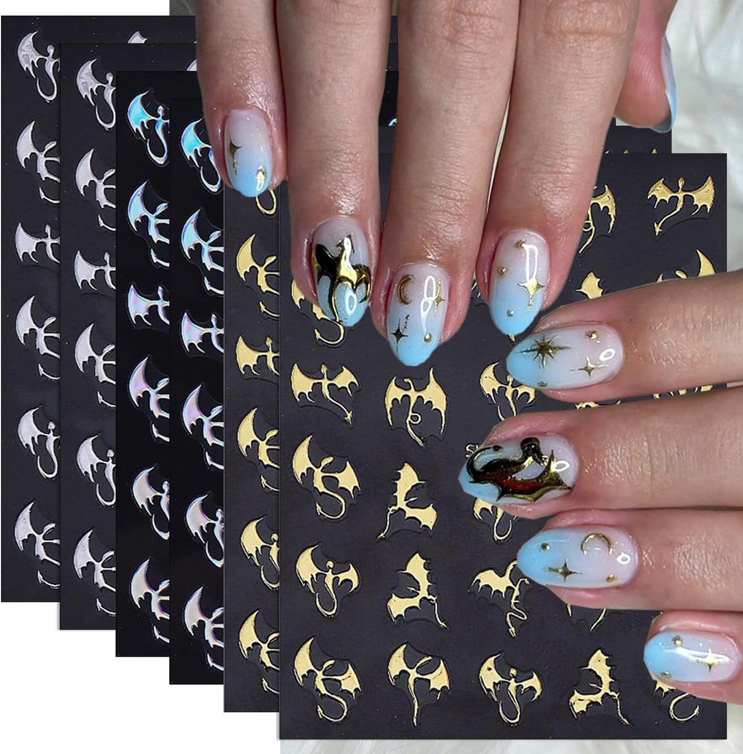 6Sheets Bat Nail Stickers Halloween Nail Decals Dragon Nail Art Stickers Gold Silver Laser Bronzing Design Cute Sticker Nail for Nail Art for Women DIY Manicure Decor Supplies