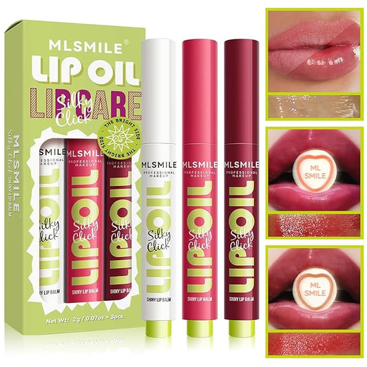 3 Colors Fat Lip Oil Click Slick, Moisturizing and Long-lasting Lip Balm, Non-stick and High Pigment Lip Glow Oil, Lightweight Lip Plumper with Coconut Oil (Set: A)