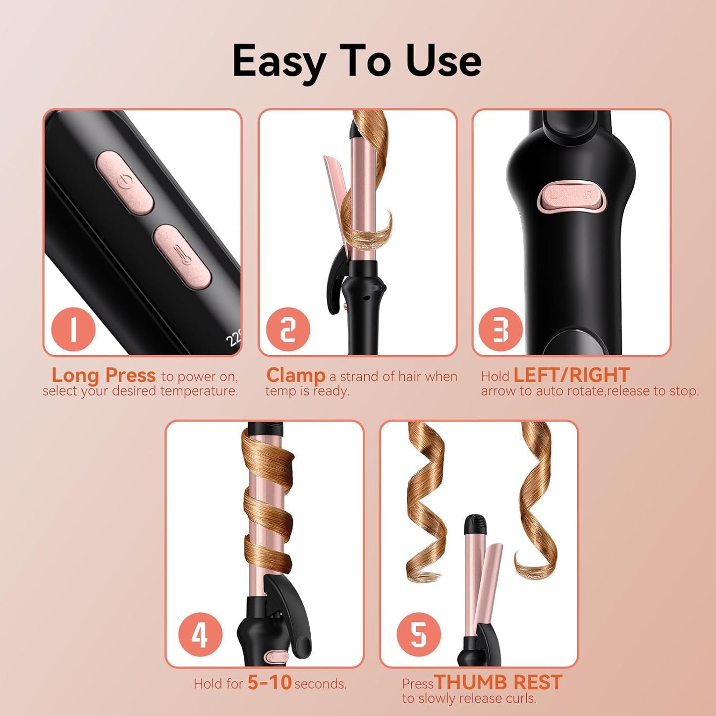 Rotating Curling Iron 1 Inch, Automatic Curling Wand, Anti-Scald Ceramic Hair Curler for Lasting Curls Waves, Auto-Shut Off Adjustable Temp 140℃- 220℃, Dual Voltage for Home Travel, Rose Gold