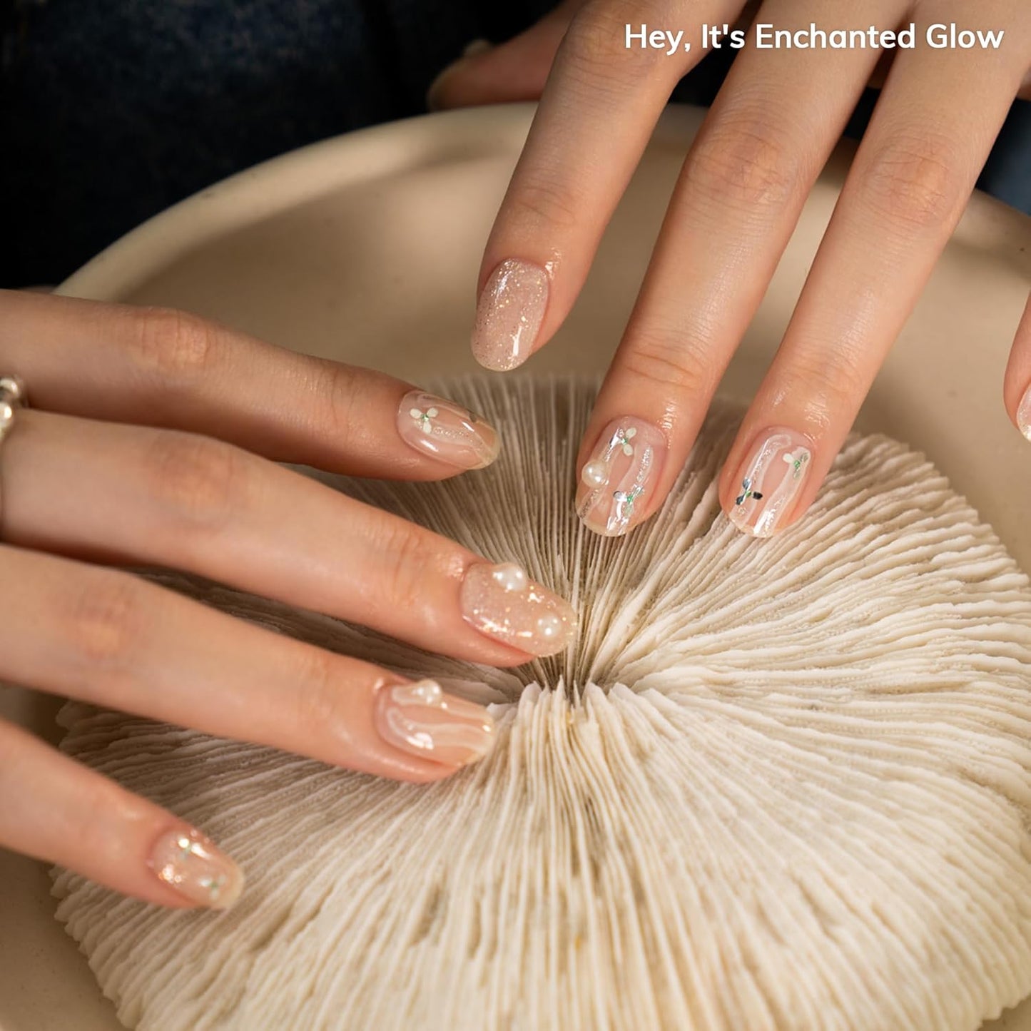 Semi Cured Gel Nail Strips | No LED Lamp Needed | Glitter, White | Easy Apply & Remove, Salon Quality Includes 28 Strips, 1 Prep Pads, Nail File & Wooden Stick - Hey, It's Enchanted Glow