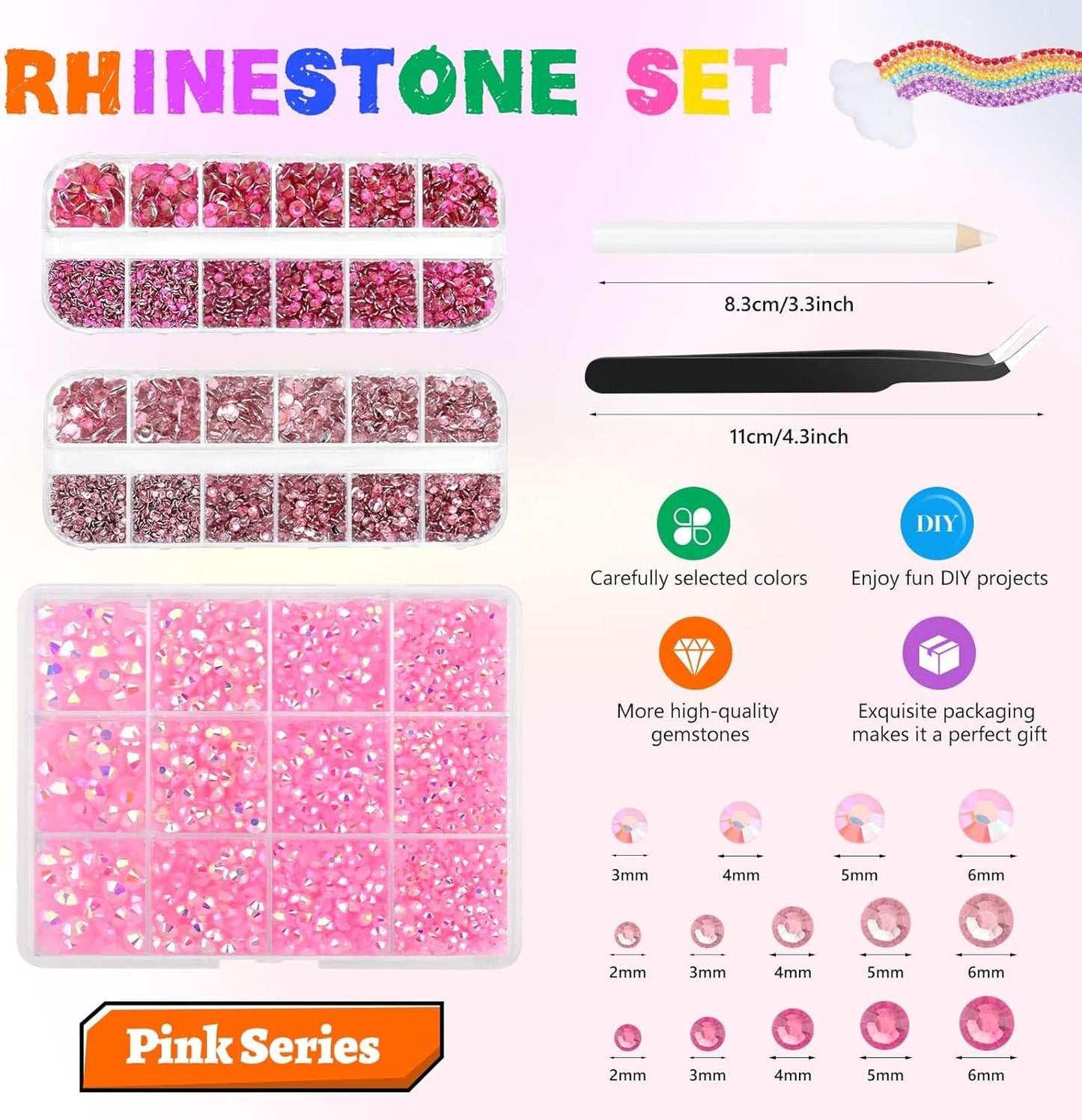 Morcheiong 17000Pcs Resin Rhinestones Pink Flatback Crystals Diamond Includes Tweezers and Pickup Pen Suitable for Crafting DIY Nail Art Makeup Wedding Dress Clothing Mug