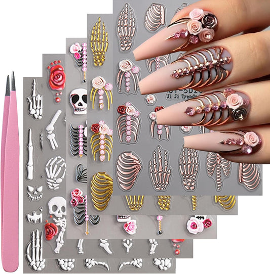VOTACOS 5 Sheets Halloween Nail Art Stickers Decals 5D Nail Decals Gold White Bone Pattern Sticker Self-Adhesive Skull Nails Supplies Accessories 3for Women Halloween Nails DIY Decoration