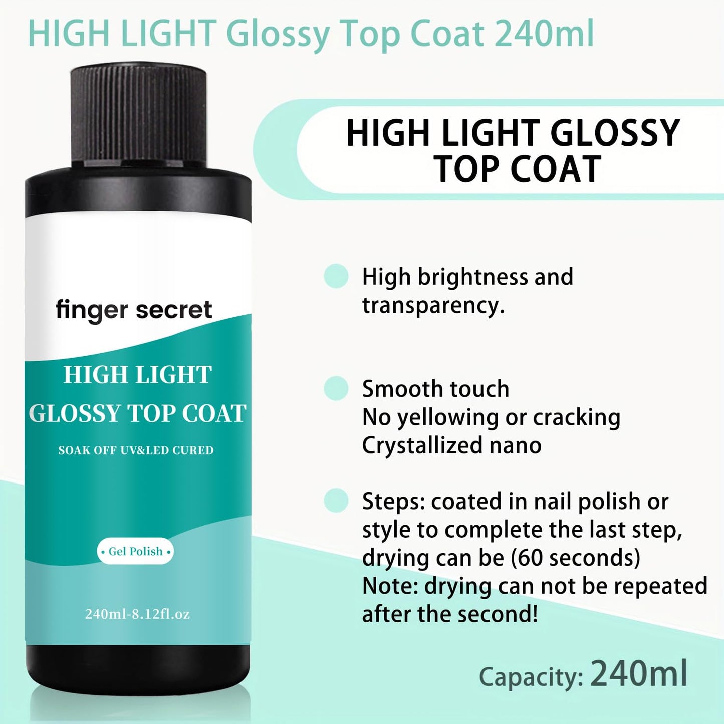High Light Glossy Top Coat, 240ml/8fl.oz, Gel Polish Nail Polish for Nail Art Manicure DIY