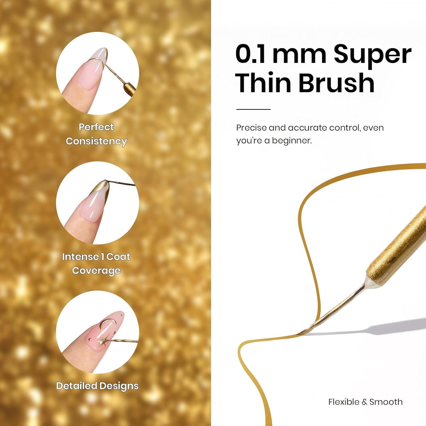 Beetles Metallic Gold Gel Liner 7ml French Tip Gel Polish 3D Mirror Chrome Effect Metal Painted Nail Polish Build in Thin Brush French Swirl Line Nail Art Soak off Uv Lamp Manicure Salon