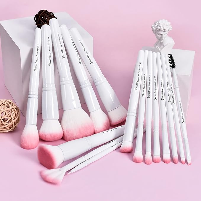 Bueart Design 16Pcs ULTRA SOFT labeled Makeup Brushes set with brush Holder face brush for Foundation Powder Blending Blush wooden Handle(16Pcs White+Pink Holder)