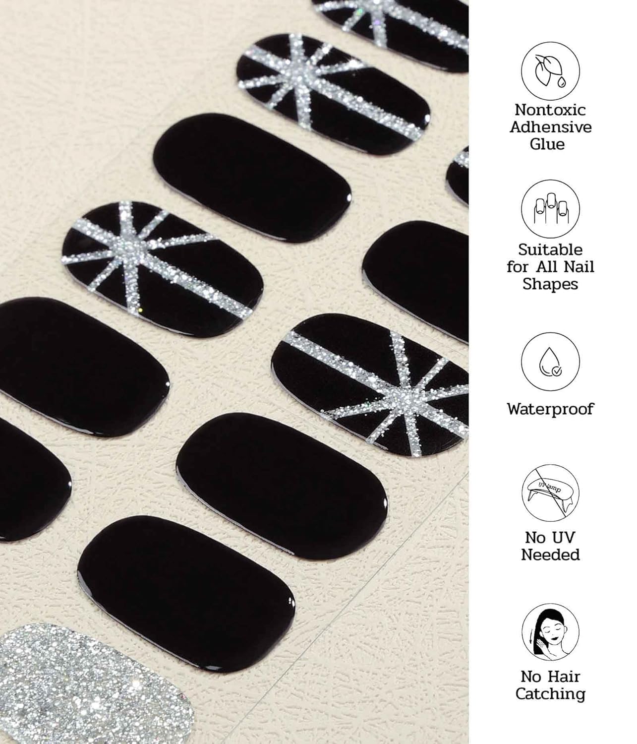 Nail Polish Strips - 22 Pcs Salon Quality Gel Nail Stickers - Long Lasting Wraps (Saint Black Glitter)