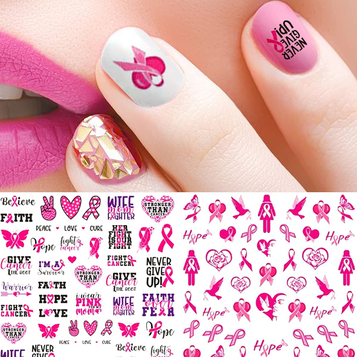 6 Sheets Breast Cancer Nail Art Stickers 3D Self-Adhesive Nail Decals Pink Ribbon Nail Stickers Heart Breast Cancer Awareness Nail Decoration for Women Girls DIY Manicure Tips Nail Charms