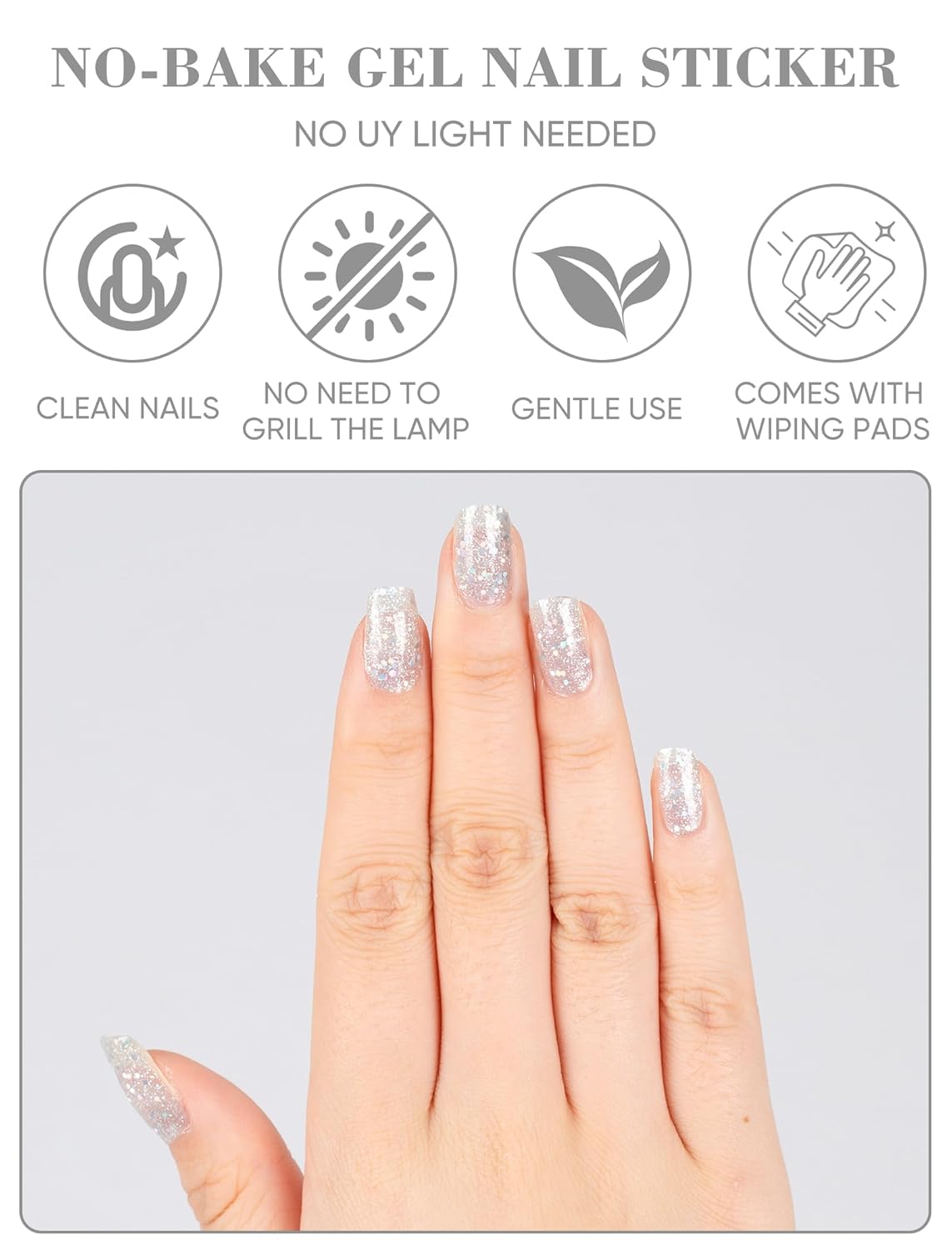 Nail Art Stickers for Women, 48 Pcs No UV Light Needed Semi Cured Gel Nail Strips Wraps Design Stick on Starter Kit (Silvery)(Silvery)