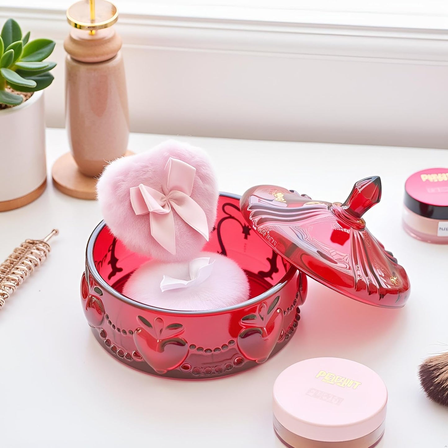 Body Powder Puff and Container - Glass Dusting Powder Container with 2 Soft Puffs Vintage Powder Puff Case for Women & Girls (3.93x3.93x4.13 H in) - GRB017-Red