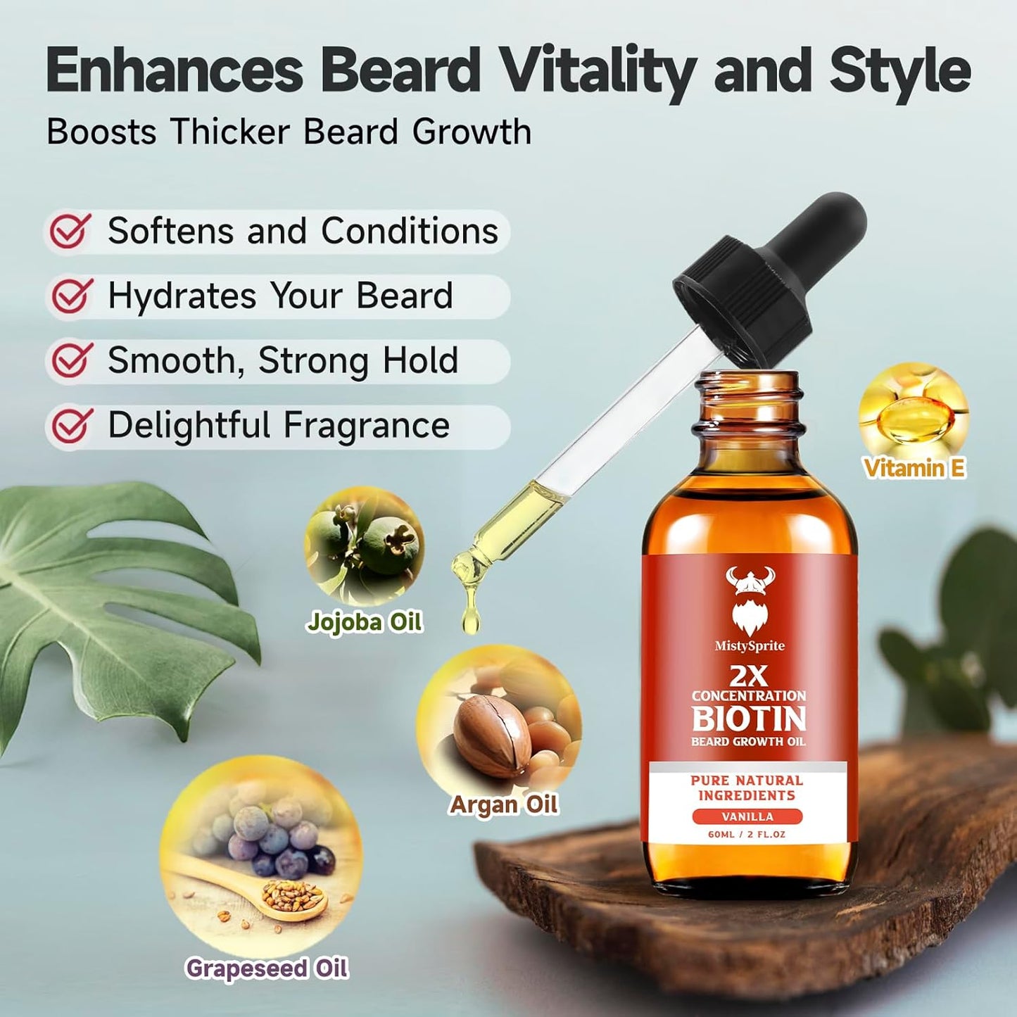 Beard Growth Oil - 2X Concentration Biotin for Men (2 oz) - Natural With Argan, Jojoba and Vitamin, Growth Softener, Moisturizer (Vanilla)