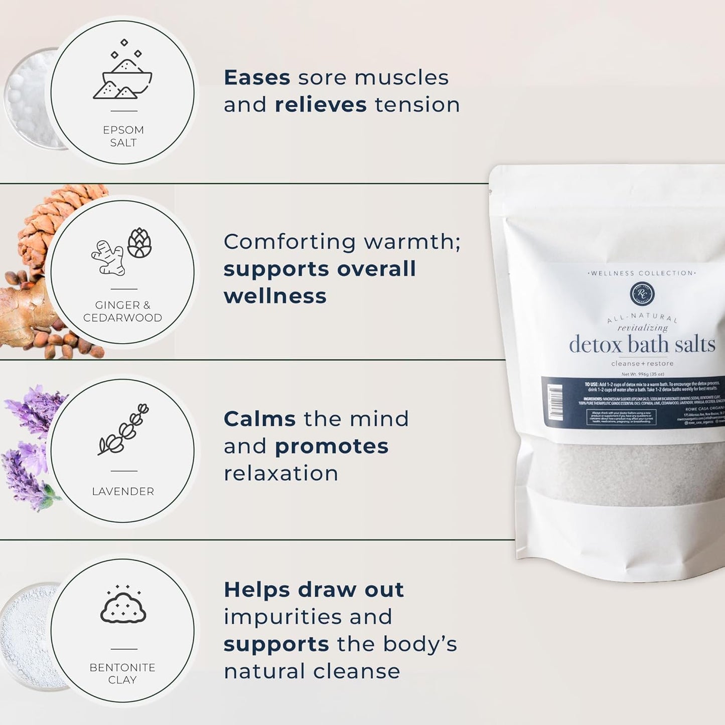 Rowe Casa Organics Detox Bath Salts with Health Boosting Magnesium and Bentonite Clay – Natural Bath Soak for Body Cleanse, Restore, and Relaxation, 35 Oz