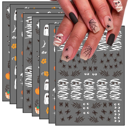 8 Sheets Halloween Nail Art Stickers Cute Ghost & Mummy Designs 3D Self-Adhesive Flower Nail Stickers Halloween Spider Pumpkin Spider Web Acrylic Nails Art Decoration for Women Nails Art Supplies