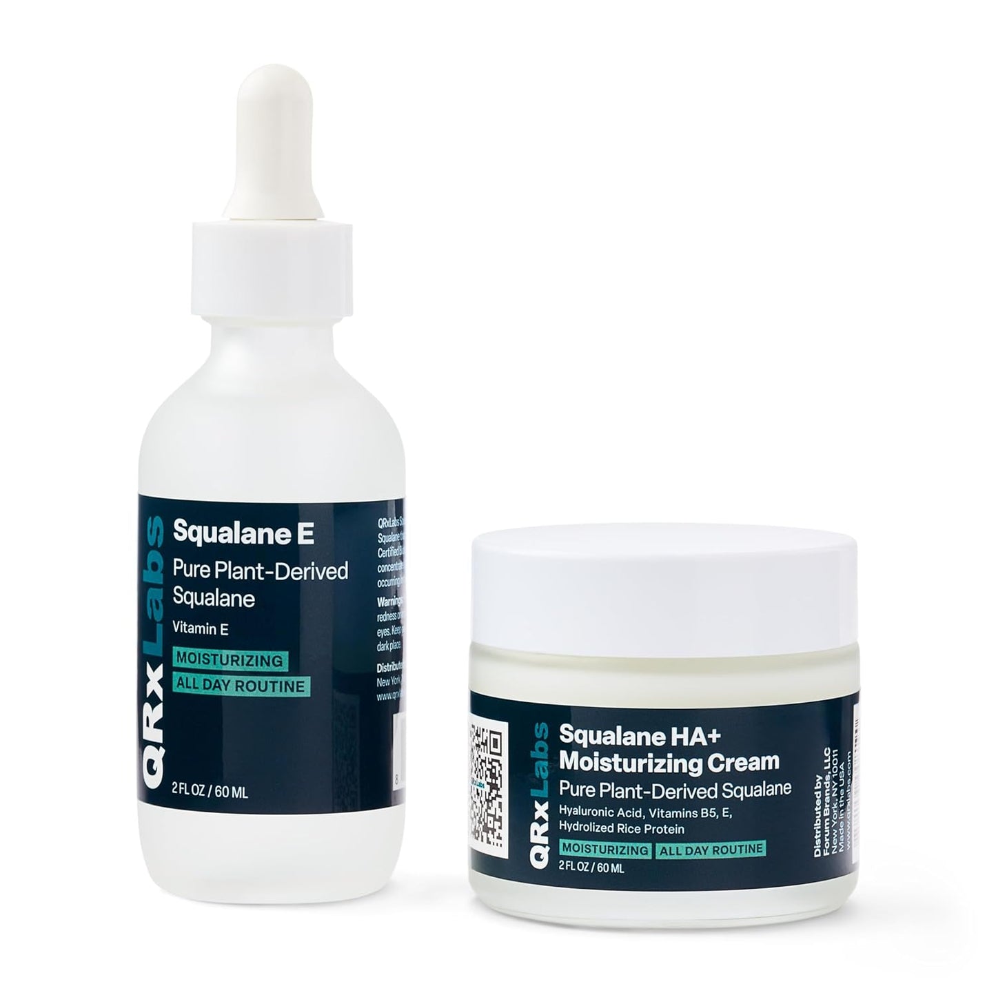 QRxLabs Pure Plant-Based Squalane Duo: Oil & Cream. Certified Organic ECOCERT/USDA, Sugarcane-derived. Nourishes Face, Body, Skin, & Hair - 2 fl oz / 60 ml eac