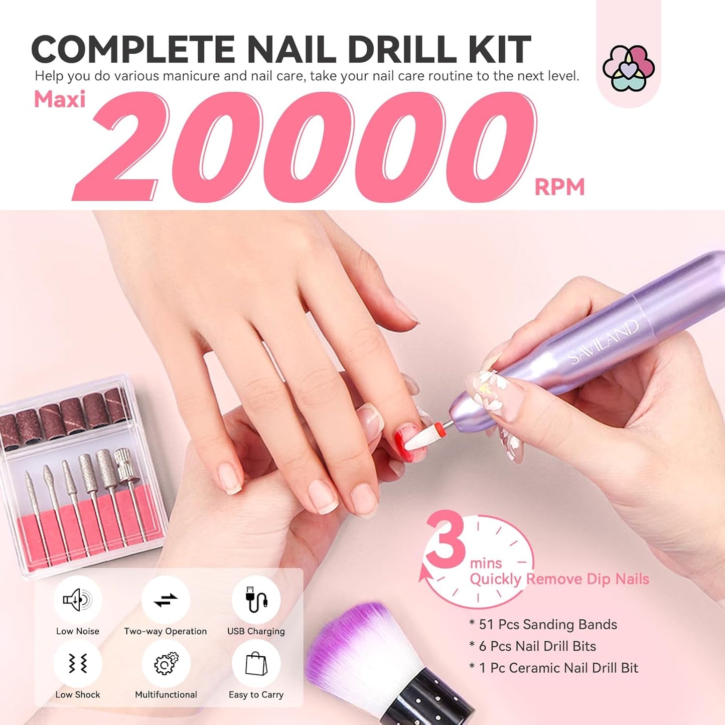 SAVILAND Dip Powder Nail Kit with Drill: 6 Color Dip Nails Powder Starter Kit Pink Nude Glitter Clear with Essentials Liquid Set Base Top Activator for French Manicure Beginner DIY Home