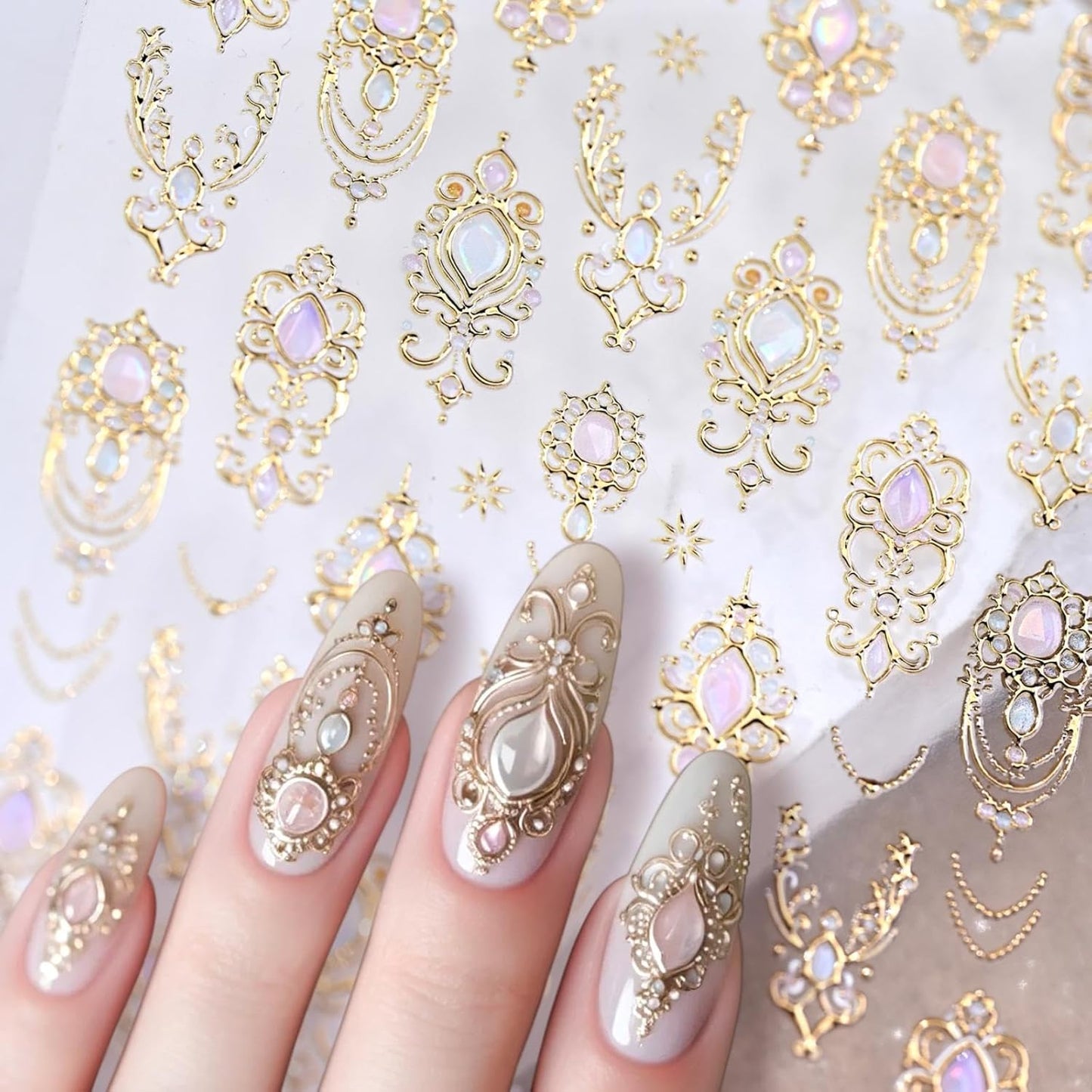 1 Sheet 5D Self-Adhesive Gem Nail Stickers Vintage Style Totem Nail Supplies 5D Embossed Gold Necklace Nail Decals Pink Diamond Nails Designs Baroque Scepter Nails Art Decoration for Women Manicure