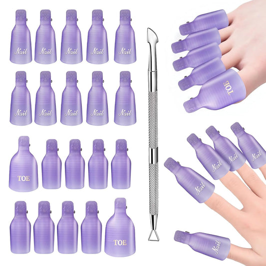 Makartt Nail Clips to Remove Gel Polish, with Double Ended Metal Cuticle Pusher, 20 Pcs Plastic Resuable Finger and Toe Nail Soak Off Clips for Removal Acrylic Art Nail Polish Remover Cap Clip