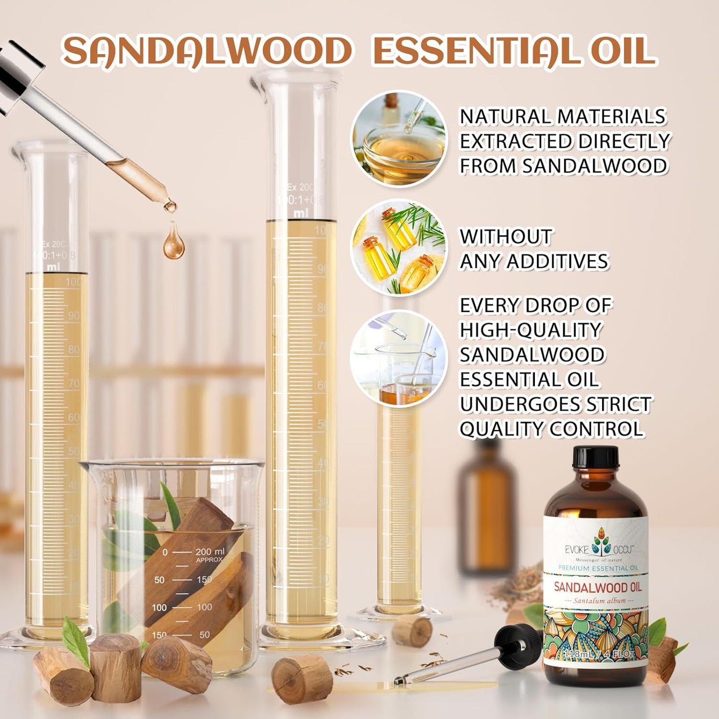 EVOKE OCCU Sandalwood Essential Oils for Skin Care, Diffuser, Perfume, Candle and Soap Making - 4 FL Oz