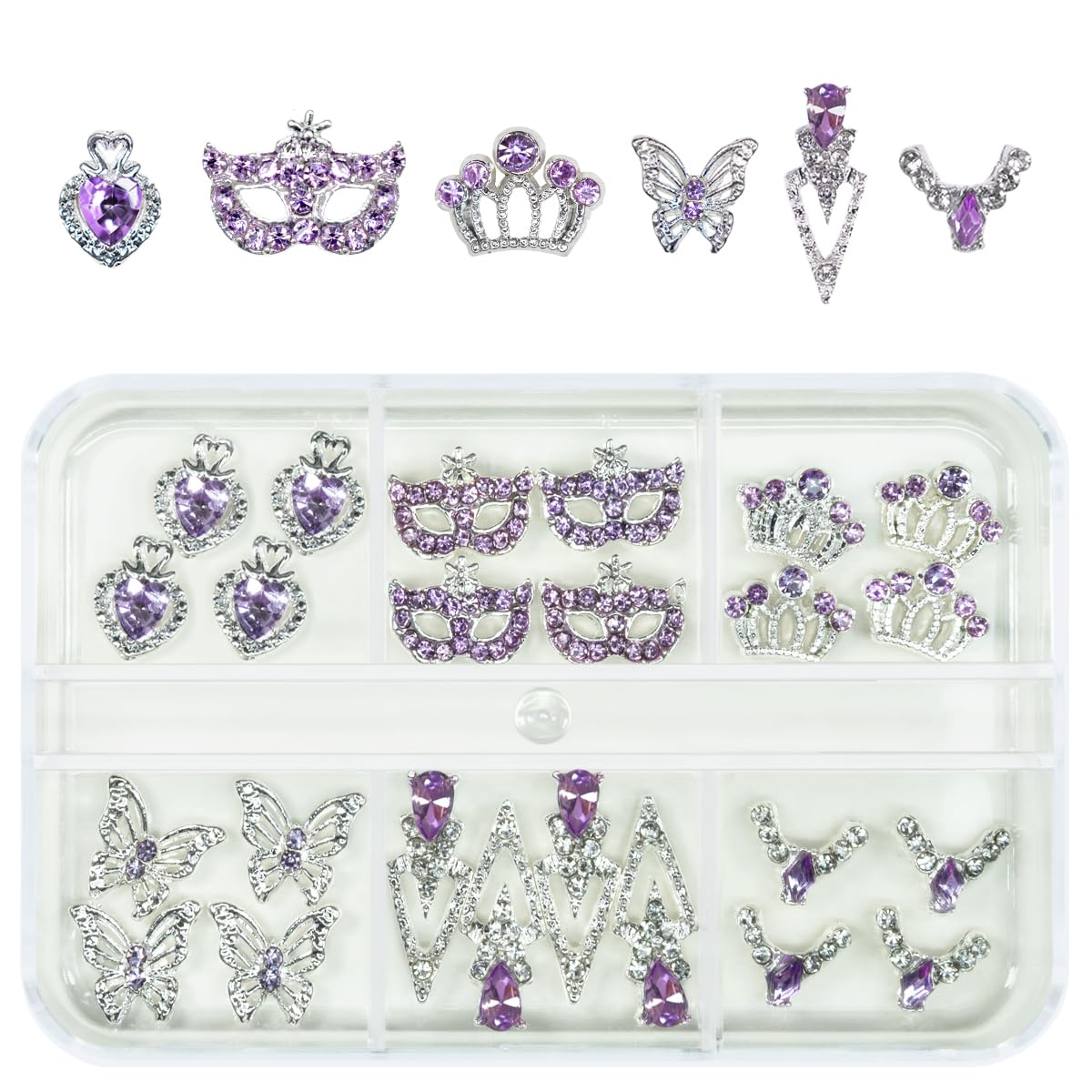 24pcs Purple Luxury Nail Charms Heart Rhinestones Charms 3D Big Crown Butterfly Nail Gems Crystals Diamonds Jewelry Stones Alloy Studs Supplies Decor for Arylic Nails Face Makeup DIY Crafts